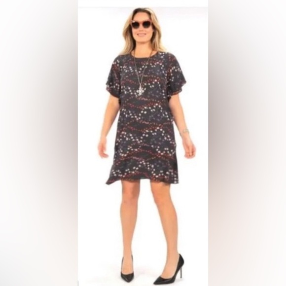 CABI "MUSE" 🩶GRAY🩶 MULTICOLOR FLORAL SHORT FLUTTER DRESS SIZE LARGE 🌟NWOT🌟 - Picture 14 of 15
